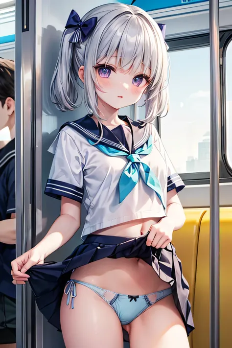   Masterpiece ,  best quality,  absurd,  high definition ,  ultra detail,  Highly Detailed CG Unity 8K Wallpaper,  1 cute cute nice  girl , (((light blue cotton  good out))), (((light blue cotton waist bow  panties out))), ,  good,  goodid, chest, chest元が見...