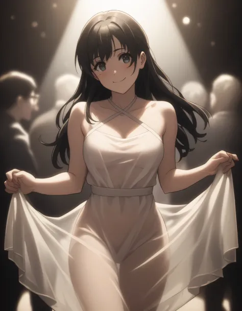 score_9, score_8_up, score_7_up, gsfghtr, (long straight hair), black hair, Sheer Dress/Top, cinematic Lighting, 1girl,solo,blush,smile, indoor party, (((bright lighting from front)))