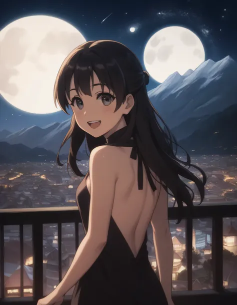 score_9, score_8_up, score_7_up, gsfghtr, (long straight hair), black hair, Backless Dress, mukena, cinematic Lighting, 1girl,solo,looking at viewer,blush,smile, open mouth,top of mountain, city view, moon, shooting stars, (((bright light from front))), fr...