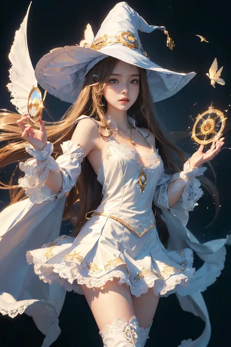 (Absurdly, High Quality  ,  very detailed,32K、High image quality、Ultra HD、 golden ratio face )、((( super long straight hair fluttering in the style)))、((( White Mage Girl 、witch hat 、 shiny costume using white lace、Open chest costume、pendant、 Mini Skirt、 l...