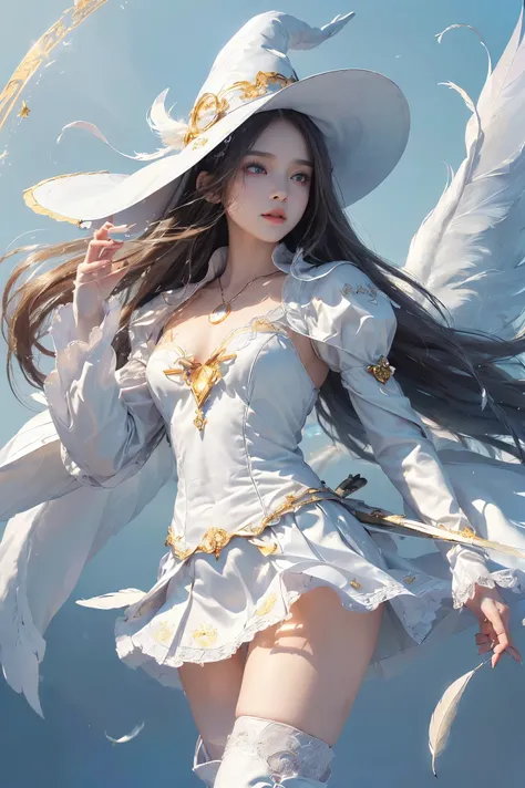 (Absurdly, High Quality  ,  very detailed,32K、High image quality、Ultra HD、 golden ratio face )、((( super long straight hair fluttering in the style)))、((( White Mage Girl 、witch hat 、 shiny costume using white lace、Open chest costume、pendant、 Mini Skirt、 l...