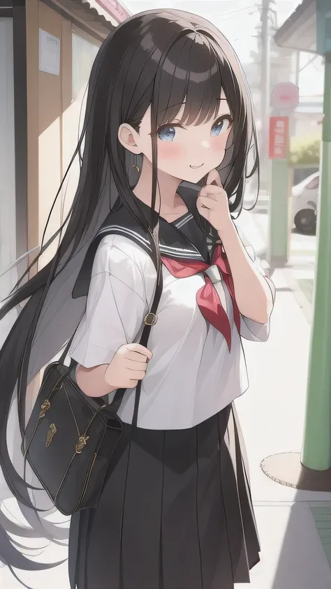  long black hair in a Japanese neighborhood,,big ,, Bright Atmosphere ,Older sister,School Idol, cute, school uniform,Little devil type