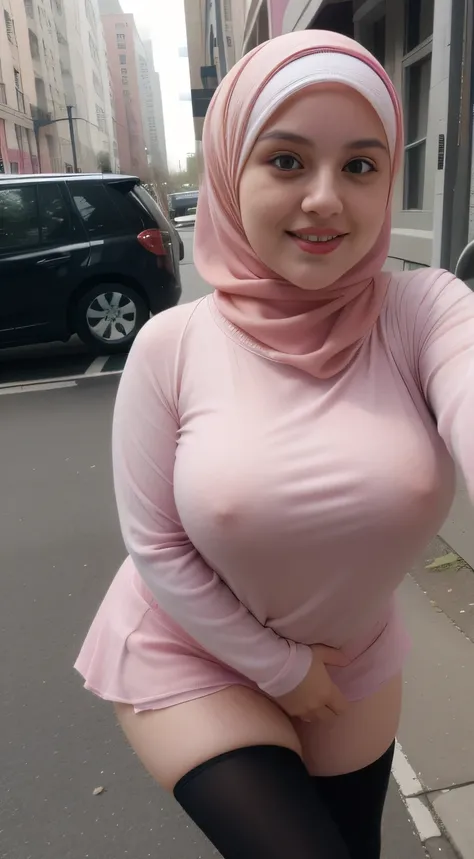 4k,(( hijab pink)), collossal ,, super cute face, focus whole body, stocking pink, perfect body, ((cute stocking pink)), chubby face, thick thight, SQUESHING , short mini dress, long hijab,(( selfie)), beautifull eyes, thin long-sleeved shirt, pervert mout...