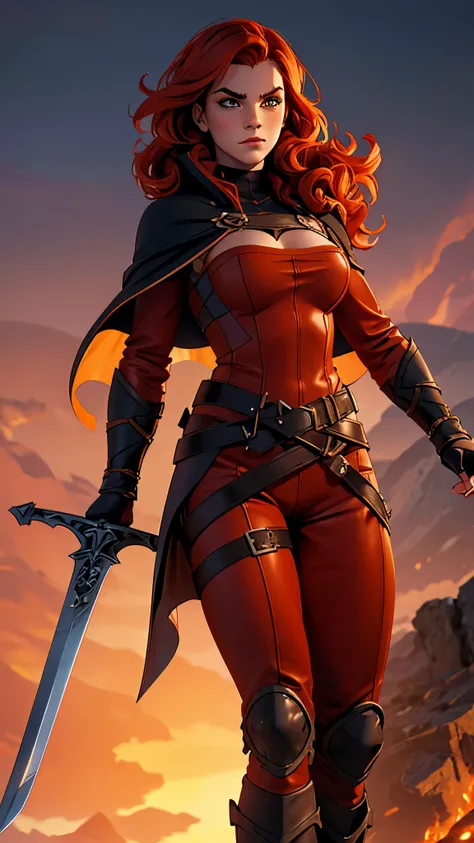Emma Watson, Beautiful redhead nordic warrior orange curly hair muscular body perfect breasts leather pant armor leather cape with fluff edge holding large sword detailed face would cheekbones blushing rendered image posing heroically 