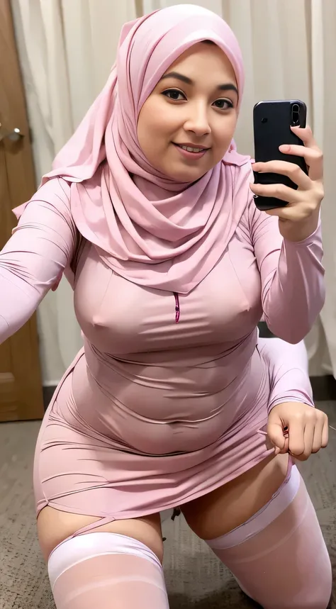 4k,(( hijab pink)), collossal ,, super cute face, focus whole body, stocking pink, perfect body, ((cute stocking pink)), chubby face, thick thight, SQUESHING , short mini dress, long hijab,(( selfie)), beautifull eyes, thin long-sleeved shirt, pervert mout...