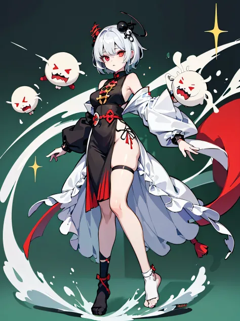 a short female with short white hair, black jiangshi dress, black oversized sleeves, anime-style full body illustration, anime character design, full body character, white wrapped bandages on legs, no shoes, green jade beads on head and arms, full body
