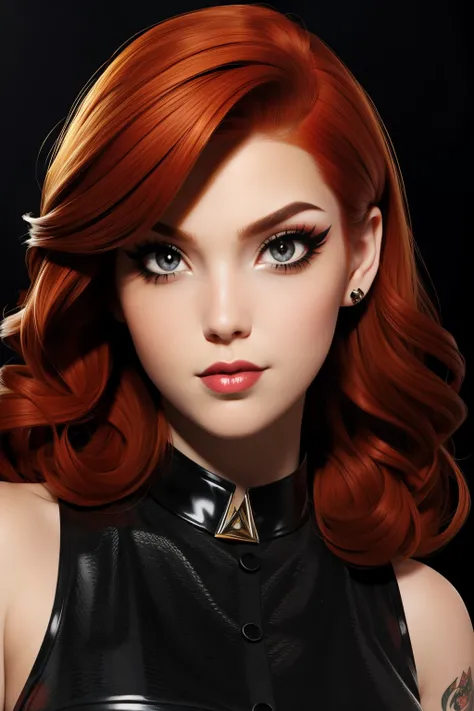 Ginger hair Emo Pin up Girl, Black Faux, Lustrous zomp eyes, Striking a pose, natural make up