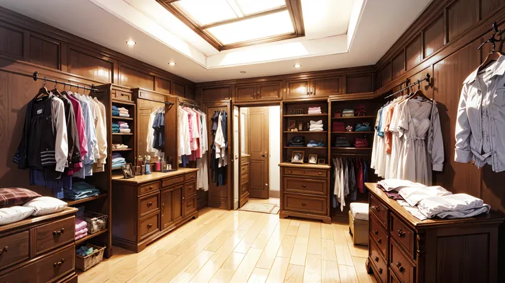 Create me a wardrobe room for womens underwear , dressing room womens underwear with brown walls, cuarto without windows, room with sexy lingerie clothes for women ., cuarto without windows, without windows, Do not place windows