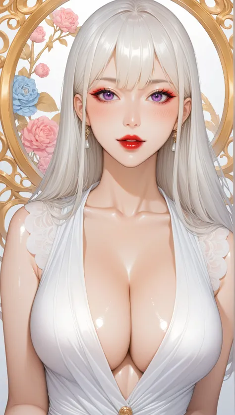 A beautiful asian woman with long straight white hair, straight bangs, big purple eyes, red lips, big breasts, amd very pronounced cleavage stands facing viewer, though an extremely modern girl dressed in colorful alternative harujuku fashion, framed by de...