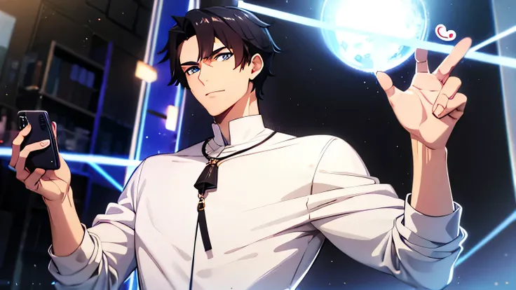 male character wearing a white blouse with a black coat ,  black hair,  blue eyes holding a cell phone surrounded by a magical energy