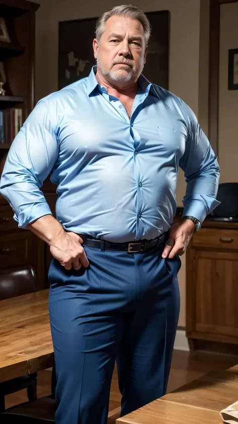 (best quality,4k,8k,highres,masterpiece:1.2), age 60, white man detective , horny disgusting, muscular chubby, kind, open blue shirt , mature daddy, Dress Pants with big hard bulge, hairy chest hard nipple, belt, loafer,