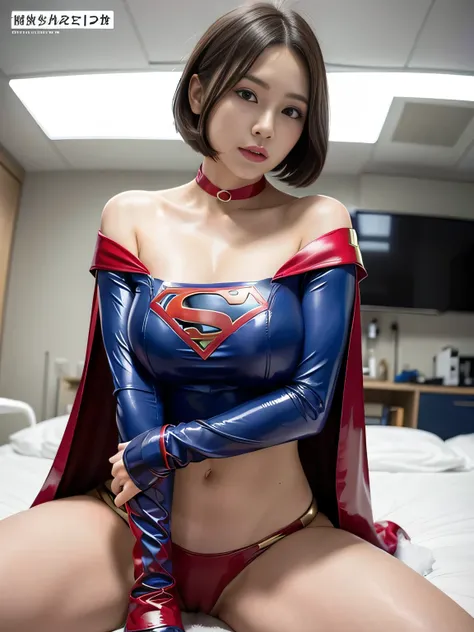 masterpiece、 latex supergirl costume 、 off shoulder、Ultra short hair、 Big and Rich Breasts 、 sweaty and shiny skin 、Look directly into the camera、 choker、Provocative cleavage、 Long Sleeve 、Cape、Glamorous bare legs、 in front of laboratory equipment in hospi...