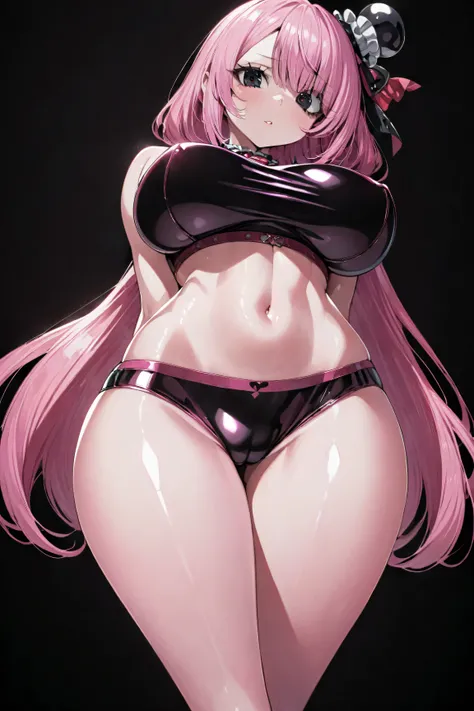 Perona from One Piece, big breasts, pink hair, black eyes, tight crop top, panties, arms behind back, shiny skin, black background, looking at viewer, 