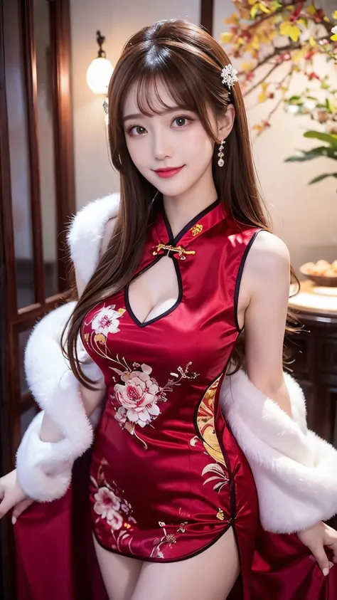   beautiful woman,     Chestnut hair    ,     Beautiful Eyes ,   Smile,  Actual , Full HD,   very beautiful dress  ，Fluffy dress ， curved body，Magnificent view ，Gorgeous decoration，cheongsam，中国发髻