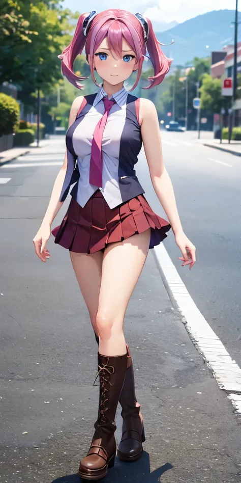 1 Female,High definition,high resolution,Ultra-realistic,8K, hy1, hair ornament, multicolored hair, blue eyes, necktie, skirt, tight skirt,miniskirt,sleeveless ,brown boots,large breasts,European,sexy,Photographed from the front,Dynamic Angles,blush, mediu...