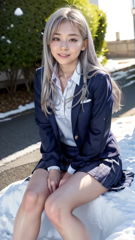 ( High School Girl 、Street trees in winter:1.5、winter:1.8、Snow:1.5)、(  in an office suit 、 big smile )、(( school uniform、whiteＹ shirt、 navy blue blazer 、 plaid pleated skirt、 Navy Blue Socks 、 loafers in white)、Windy、( realistic 、 as pictured 、live-action、...