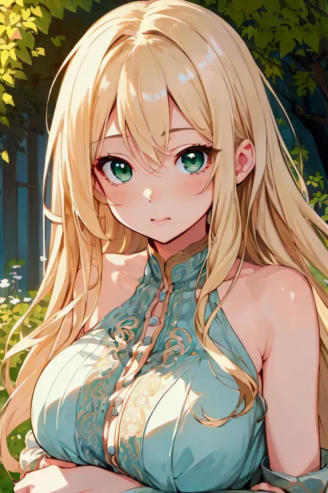  Max Image、 highest resolution、 best quality、8Ｋ、HD、Illustration、 1 woman、 cute face、Delicate face、 long hair、 blond hair、 green eyes、Delicate eyes、 beautiful eyes、Beautiful breasts、 Casual Style 、