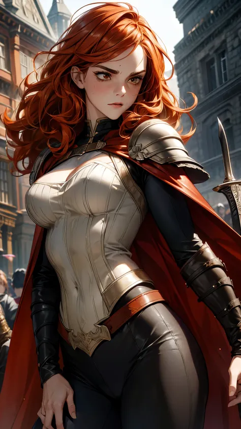 Emma Watson, Beautiful redhead nordic warrior orange curly hair muscular body perfect breasts leather pant armor leather cape with fluff edge holding large sword detailed face would cheekbones blushing rendered image posing heroically 