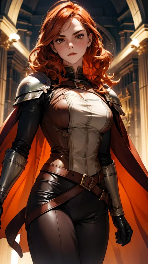 Emma Watson, Beautiful redhead nordic warrior orange curly hair muscular body perfect breasts leather pant armor leather cape with fluff edge holding large sword detailed face would cheekbones blushing rendered image posing heroically 