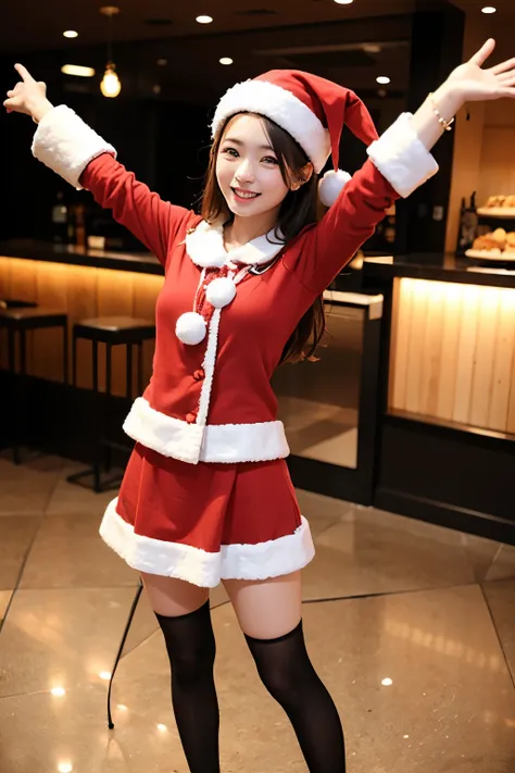 Im standing at an empty party venue、 Santa cosplay holding a box of cakes、 Mini Skirt、 20 year old girl looking like a villager、 cute face、 with open arms 、 smiling、Full body portrait、