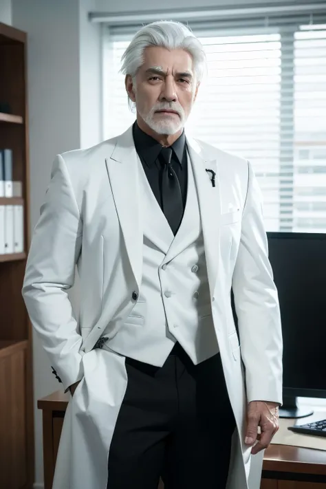 a muscular old man with white hair, wearing a black suit, in an office setting, (best quality,4k,8k,highres,masterpiece:1.2), full body