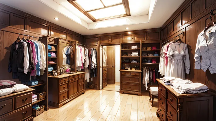 Create me a wardrobe room for womens underwear , dressing room womens underwear with brown walls, cuarto without windows, room with sexy lingerie clothes for women ., cuarto without windows, without windows, Do not place windows