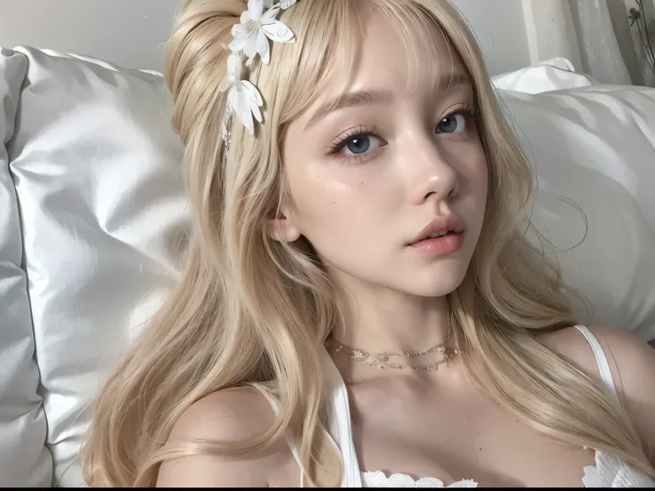 blonde woman with long hair and white dress posing for a photo, A girl with blonde hair, with long blonde hair, linda mulher sul-korean, parque roseanne de blackpink, long blonde hair and big eyes, white hime cut hairstyle, fair skin curly blonde hair, wit...