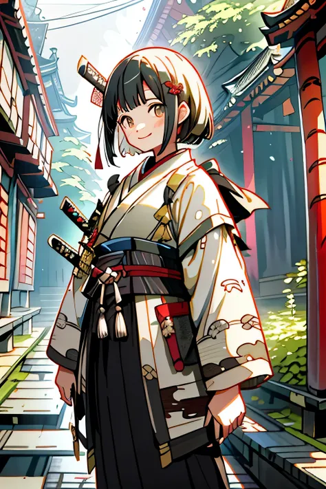 ​masterpiece, top-quality,  one girl , Old townscape of Japan,  Girl with a sword,  VECTOR ILLUSTRATION ,  jacket, smile, [Short bangs, Length Hair, Lofi Art,  matte texture on wet cobblestones