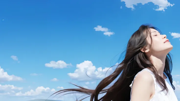  High Quality Illustrations 、Composition viewed from a distance、 A woman with long dark hair closes her eyes and looks up at the blue sky、The background is blue sky and clouds 、 mostly on the right side of the head 