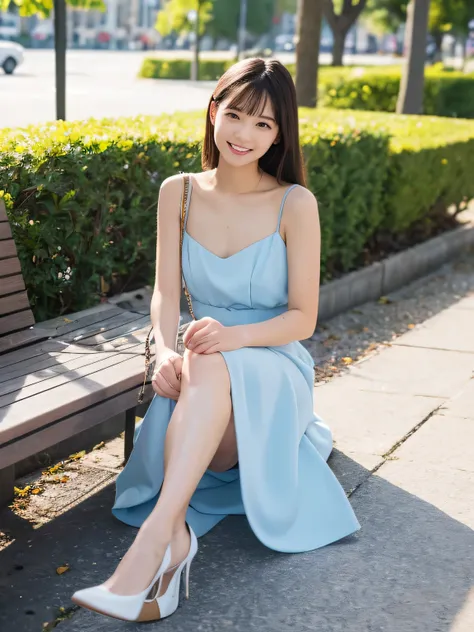 highest quality, flying debris, Realistic, High resolution, 8k, RAW Photos, alone, One Girl, 30 years old, smile, (((White Edge、Blue Dress)))、High heels, Hold the hand-bag in both hands、On a park bench,