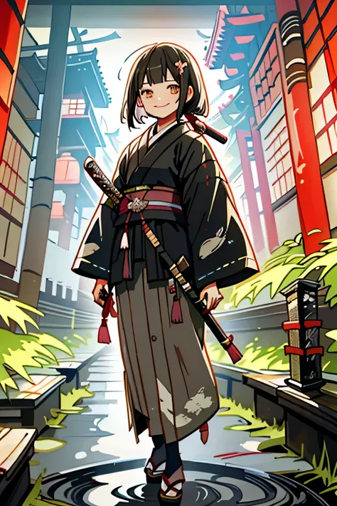 ​masterpiece, top-quality,  one girl , Old townscape of Japan,  Girl with a sword,  VECTOR ILLUSTRATION ,  jacket, smile, [Short bangs, Length Hair, Lofi Art,  matte texture on wet cobblestones