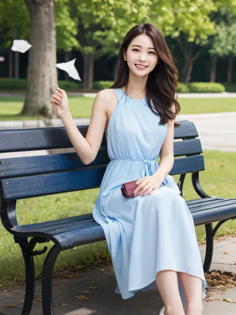 highest quality, flying debris, Realistic, High resolution, 8k, RAW Photos, alone, One Girl, 30 years old, smile, (((White Edge、Blue Dress)))、High heels, Hold the hand-bag in both hands、On a park bench,