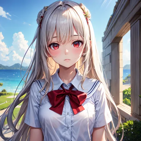 ((best quality)), ((masterpiece)), (detailed), 1girl, white school uniform. red eyes, white long hair, neutral expression