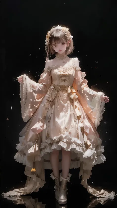  1 beautiful girl with pieces 、round face、Big eyes、Droopy eyes、Blonde、Short bob with straight forward descent、Realistic、The background is an old castle at night 、 galaxy in the sky and the universe shines 、 Sexy Flared Dress 、 Lots of Yellow Lace Ruffles 、...