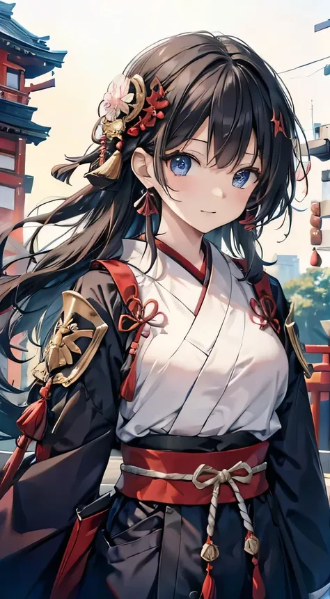 UHD, high quality, award winning, Japanese woman with a viewing angle of,Beautiful black-haired girl, Shortcut, Fit the sword exactly , in a Battlefield ,  Japanese Armor ,  High Quality ,