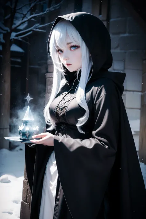 Mystical anime girl, hooded cloak, gothic anime, dark fantasy, pale hair, winter fantasy, enigmatic eyes, snowy backdrop, fantasy art, medieval style, gothic fashion, mysterious character, anime sorceress, silver hair, magical realism, shadowy figure, ethe...