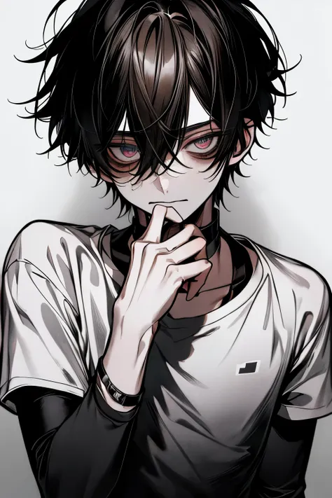 Top quality , masterpiece, high resolution, 8k, male, dark hair , dark eyes without pupils, White T-shirt, white background with nothing, expressionless face , Cover your mouth with your hand, , black choker inside the lab