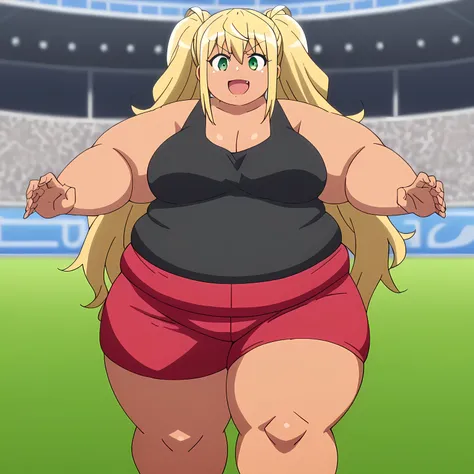 score_9, score_8_up, score_7_up, score_6_up, score_5_up, score_4_up, BREAK, source_anime,hibiki sakura, long hair, blonde hair, hair between eyes, twintails, green eyes, fang, dark skin, dark-skinned female, gyaru,
1girl, shirt, cleavage, bare shoulders, c...