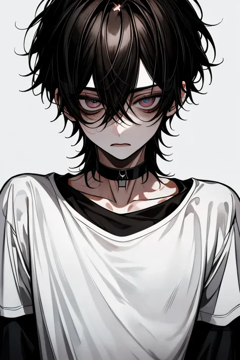 Top quality , masterpiece, high resolution, 8k, male, dark hair , dark eyes without pupils, White T-shirt, white background with nothing, expressionless face , Right look , black choker inside the lab