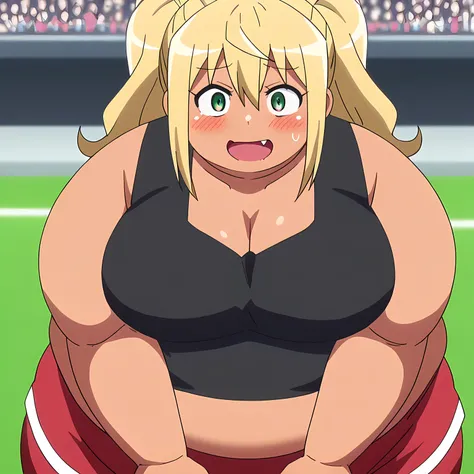 score_9, score_8_up, score_7_up, score_6_up, score_5_up, score_4_up, BREAK, source_anime,hibiki sakura, long hair, blonde hair, hair between eyes, twintails, green eyes, fang, dark skin, dark-skinned female, gyaru,
1girl, shirt, cleavage, bare shoulders, c...