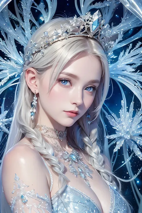 Super detailed alcohol ink drawing of a gorgeous Snow Queen, light blue eyes, pale skin, (lonely smile), platinum silver blonde loose single braid, (slim figure, small chest), focus on face, close-up, elegant portrait, old plain but delicate pale blue long...