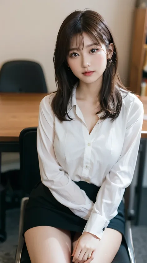  1 girl,   Masterpiece , bright , Sitting on a chair, office, Y shirt,  officeスカート, Thin legs, Short hair braided,  big thighs, Big Breasts,   beautiful face,