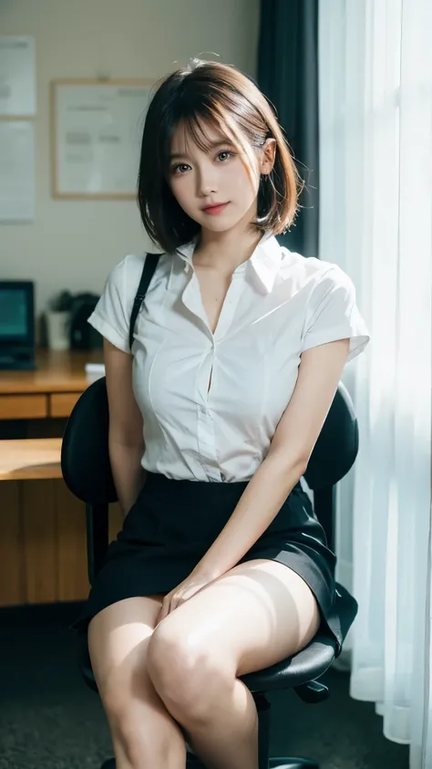  1 girl,   Masterpiece , bright , Sitting on a chair, office, Y shirt,  officeスカート, Thin legs, Short hair braided,  big thighs, Big Breasts,   beautiful face,