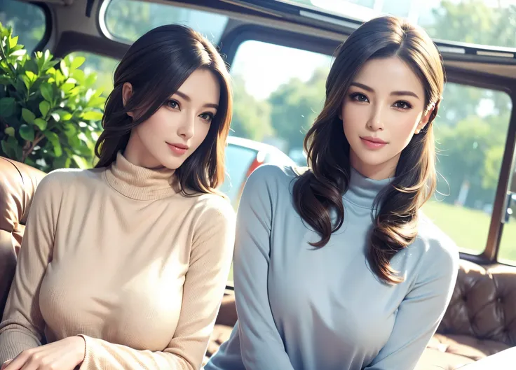 a beautiful young woman in a casual outfit, medium length hair, lady bikers, detailed face, alluring eyes, full lips, large bust, turtle neck t-shirt, leather jacket, outdoor date setting, soft lighting, warm colors, photorealistic, 8k, cinematic, beautifu...