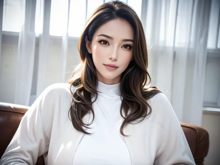 a beautiful young woman in a casual outfit, detailed face, alluring eyes, full lips, large bust, turtle neck t-shirt, leather jacket, outdoor date setting, soft lighting, warm colors, photorealistic, 8k, cinematic, beautiful detailed eyes, beautiful detail...