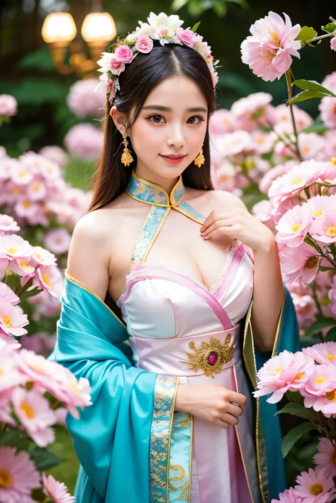 （ 8k resolution，close-up all over the body），（1womanl，18yr old，（（Facial features of Thai Esther：1.8，s delicate face，detailed face），A confident smile），Fair smooth skin，（Best Skin Type：1.21），busty figure，（（Hanfu, Wear it with extremely complex outfits, Ancien...