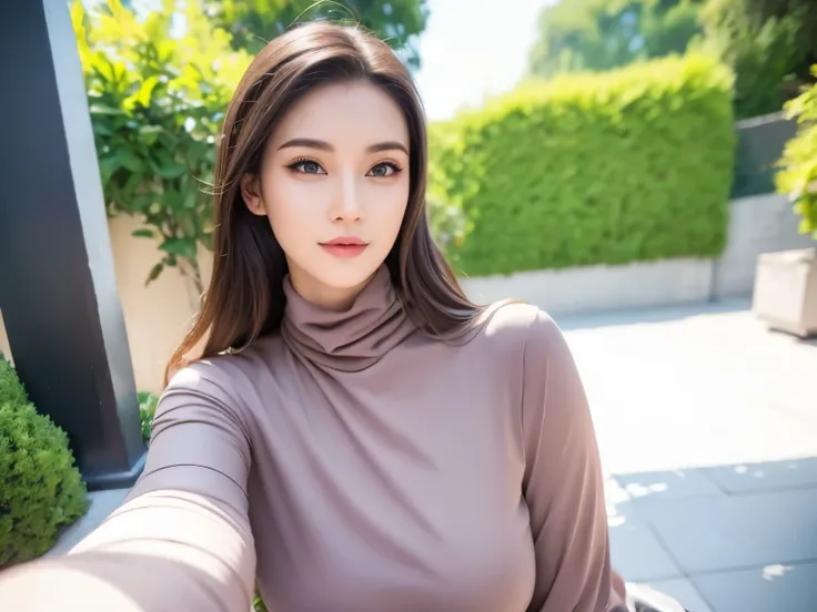 a beautiful young woman in a casual outfit, detailed face, alluring eyes, full lips, large bust, turtle neck t-shirt, leather jacket, outdoor date setting, soft lighting, warm colors, photorealistic, 8k, cinematic, beautiful detailed eyes, beautiful detail...