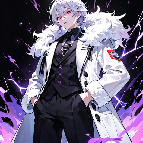 (absurdres, highres, ultra detailed), masterpiece, best quality, a man in white fur and black coat outfit, surrounded by purple fire, solo, handsome, puple glowing eye, detailed face, short white hair, white hair, puplr glowing eye, ruined city, dark backg...