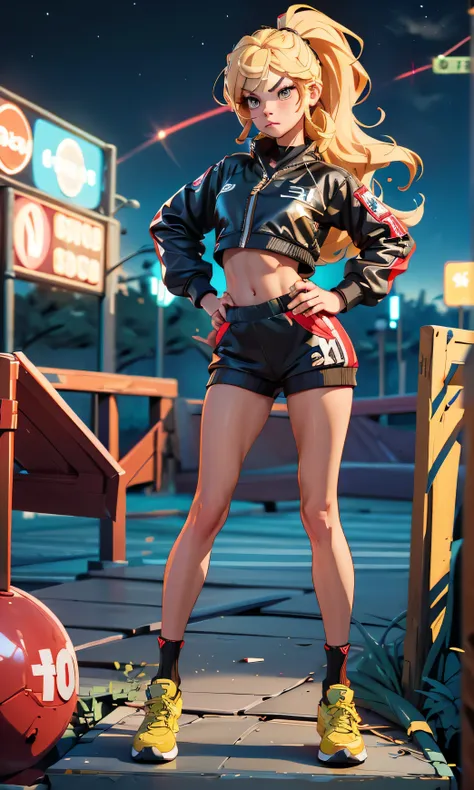 masterpiece, 1 girl, beautiful, slim, head on, looking at the spectator, long hair , blonde hair, brown eyes, arched eyebrows , full body , nice legs, abdomen plano, Kpop outfit , sports shoes , (((desnuda))), on an abandoned bridge, dark sky,