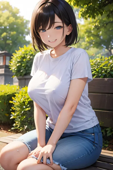 Masterpiece,bestquality,22 years old japanese woman in park,sitting on bench,grin,looking at viewer,huge breast,brown short hair,blue eyes,smile,(closed mouth),sweaty,wearing white T shirts and jeans,warm lighting